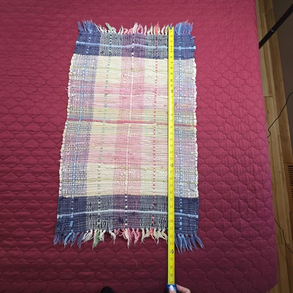 Rag Rug Blue Cream Pink Mat Knotted Weave 34